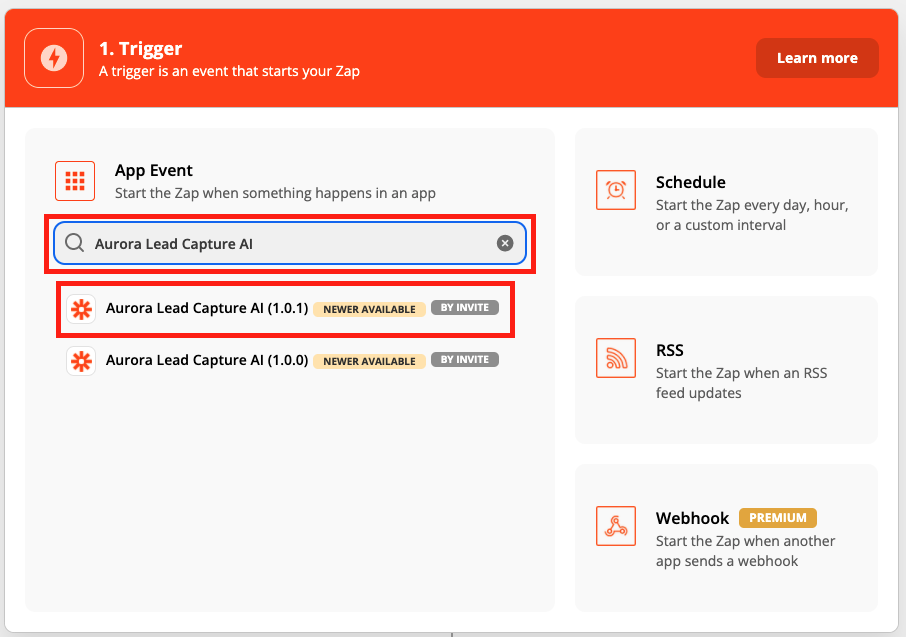 Search for and select the &quot;Aurora Lead Capture AI&quot; App